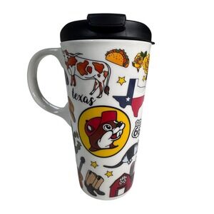 Buc-ee's Texas Icons Ceramic Travel Mug White Beaver Logo with Lid Road Trip